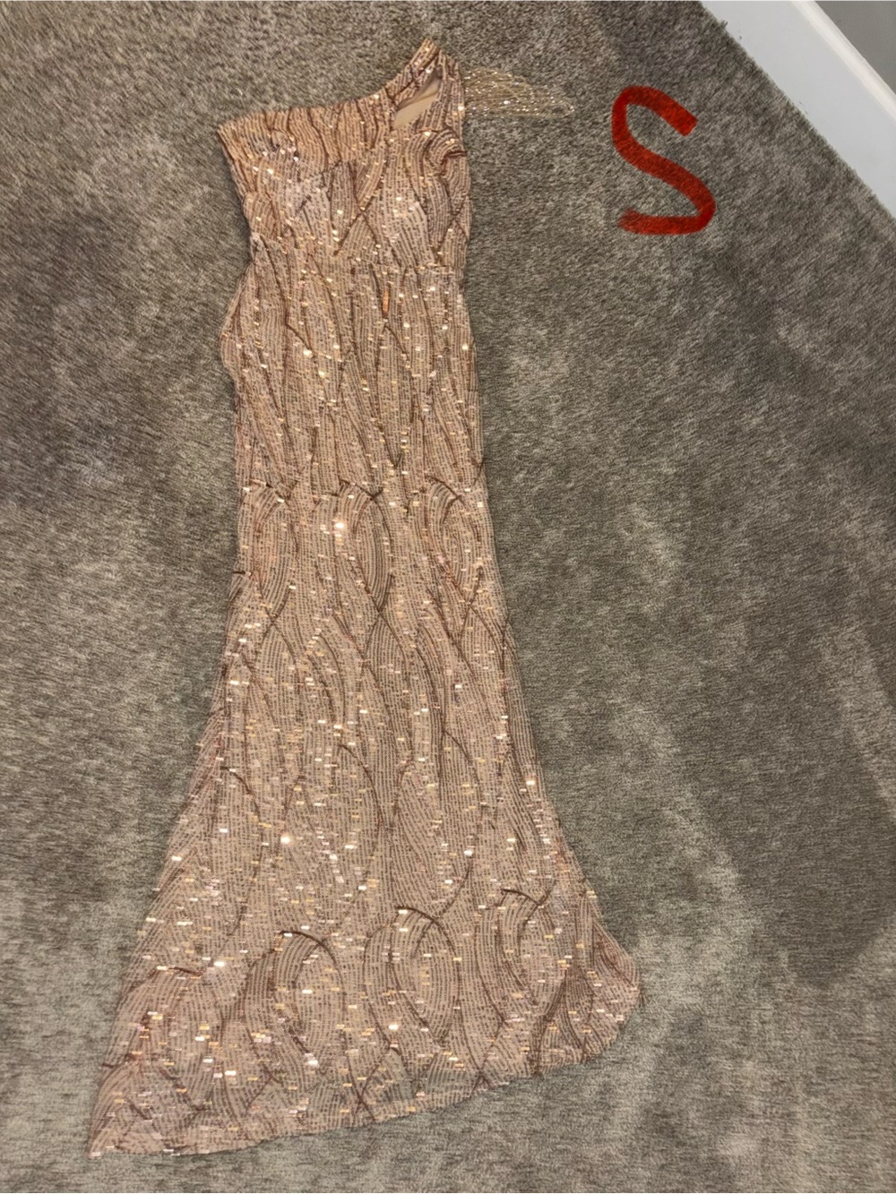 Sequin One-Shoulder Evening Gown - Rose Gold